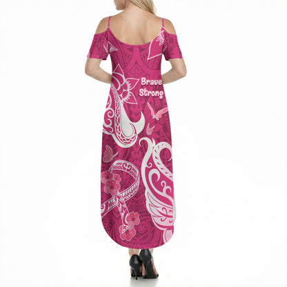 Breast Cancer Summer Maxi Dress Ribbon Polynesian Pattern Pink Version