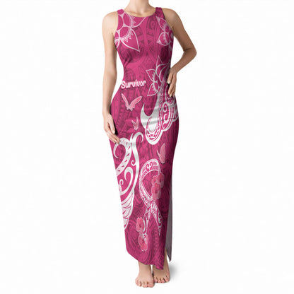 Breast Cancer Tank Maxi Dress Ribbon Polynesian Pattern Pink Version