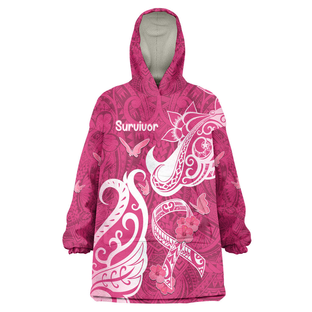 Breast Cancer Wearable Blanket Hoodie Ribbon Polynesian Pattern Pink Version