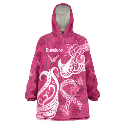 Breast Cancer Wearable Blanket Hoodie Ribbon Polynesian Pattern Pink Version