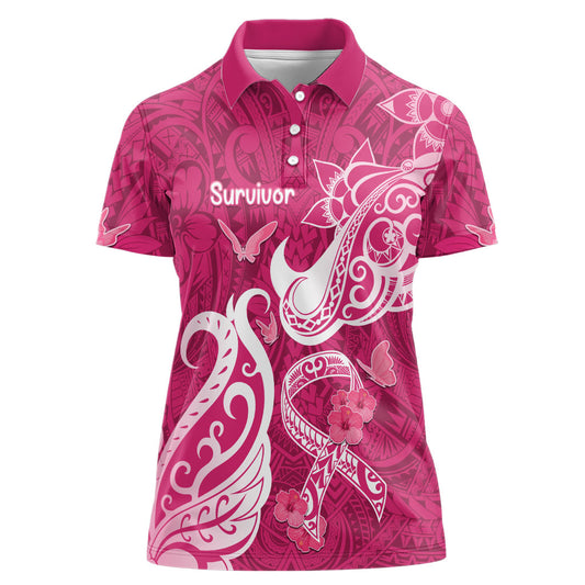 Breast Cancer Women Polo Shirt Ribbon Polynesian Pattern Pink Version