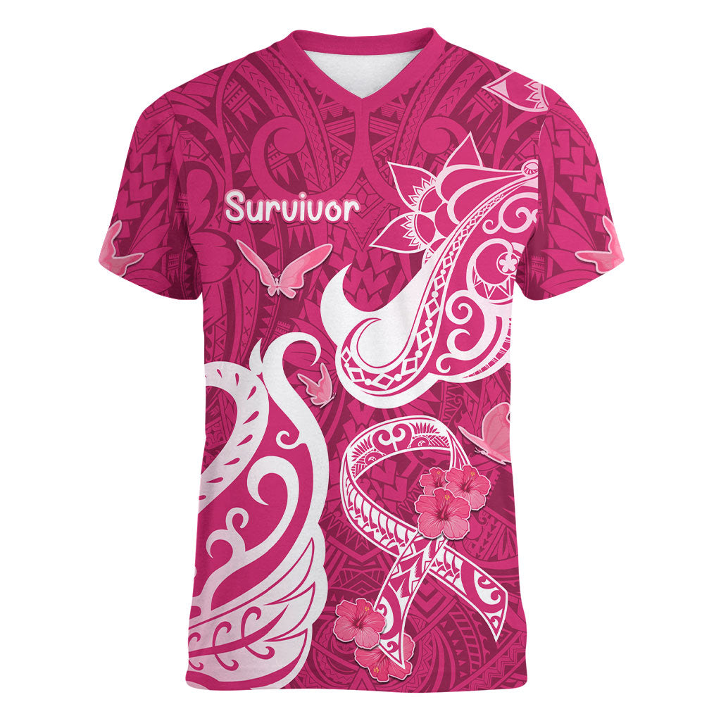 Breast Cancer Women V-Neck T-Shirt Ribbon Polynesian Pattern Pink Version