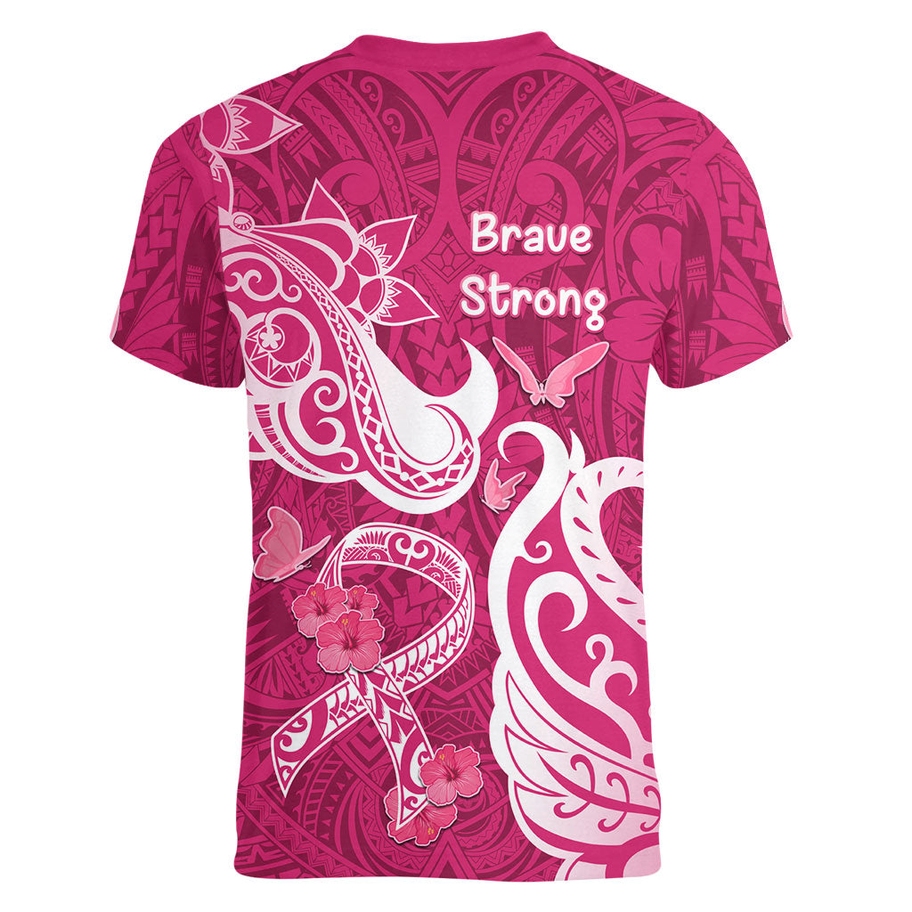Breast Cancer Women V-Neck T-Shirt Ribbon Polynesian Pattern Pink Version