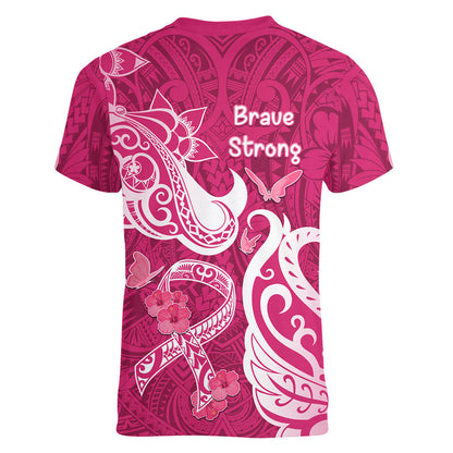Breast Cancer Women V-Neck T-Shirt Ribbon Polynesian Pattern Pink Version