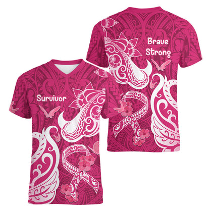 Breast Cancer Women V-Neck T-Shirt Ribbon Polynesian Pattern Pink Version