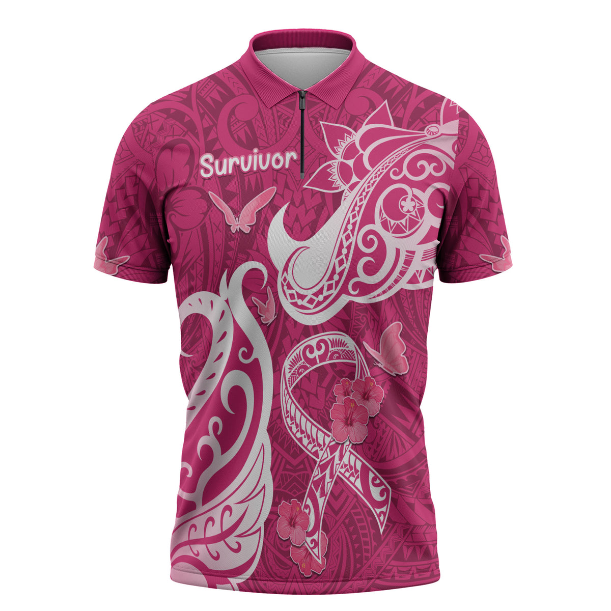 Breast Cancer Zipper Polo Shirt Ribbon Polynesian Pattern Pink Version