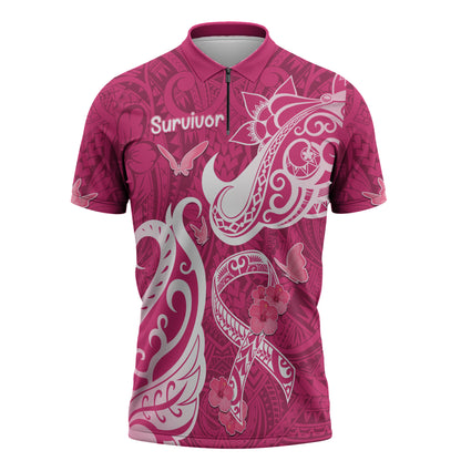 Breast Cancer Zipper Polo Shirt Ribbon Polynesian Pattern Pink Version