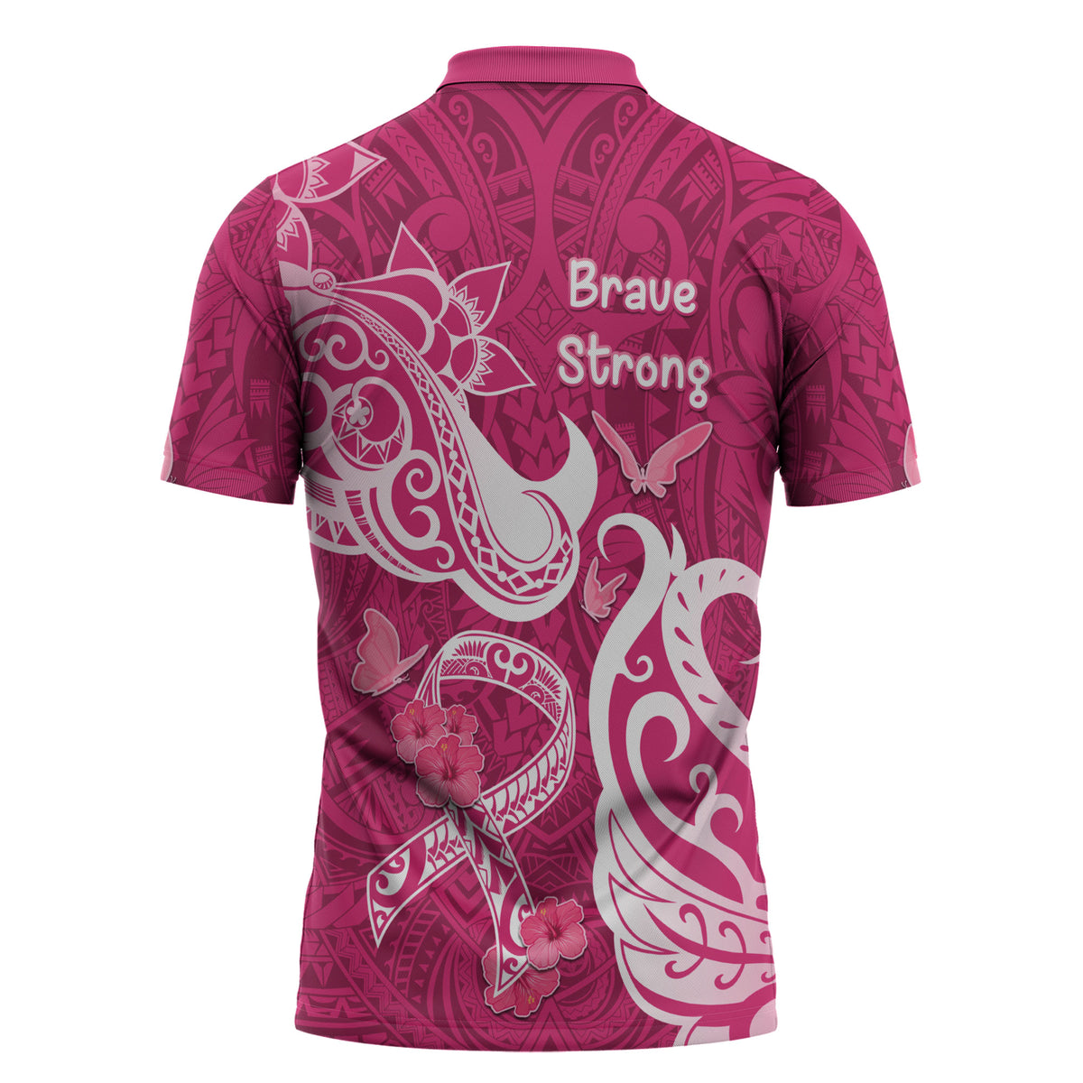 Breast Cancer Zipper Polo Shirt Ribbon Polynesian Pattern Pink Version