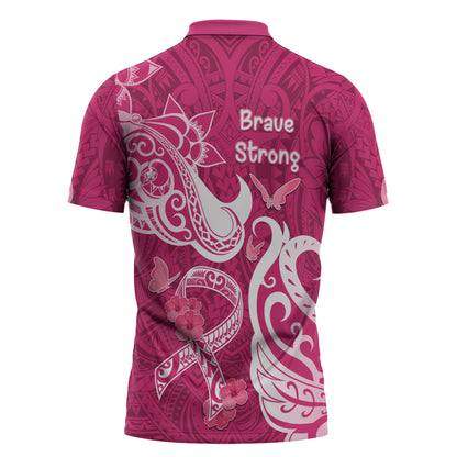 Breast Cancer Zipper Polo Shirt Ribbon Polynesian Pattern Pink Version