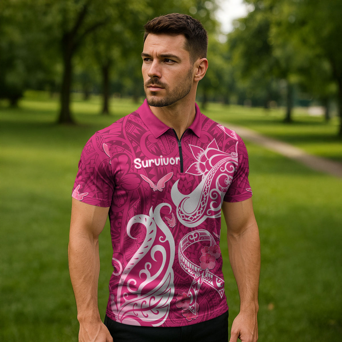 Breast Cancer Zipper Polo Shirt Ribbon Polynesian Pattern Pink Version