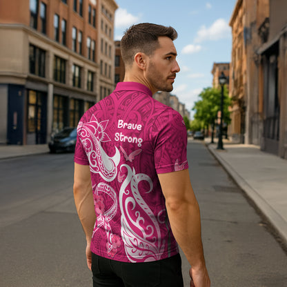 Breast Cancer Zipper Polo Shirt Ribbon Polynesian Pattern Pink Version