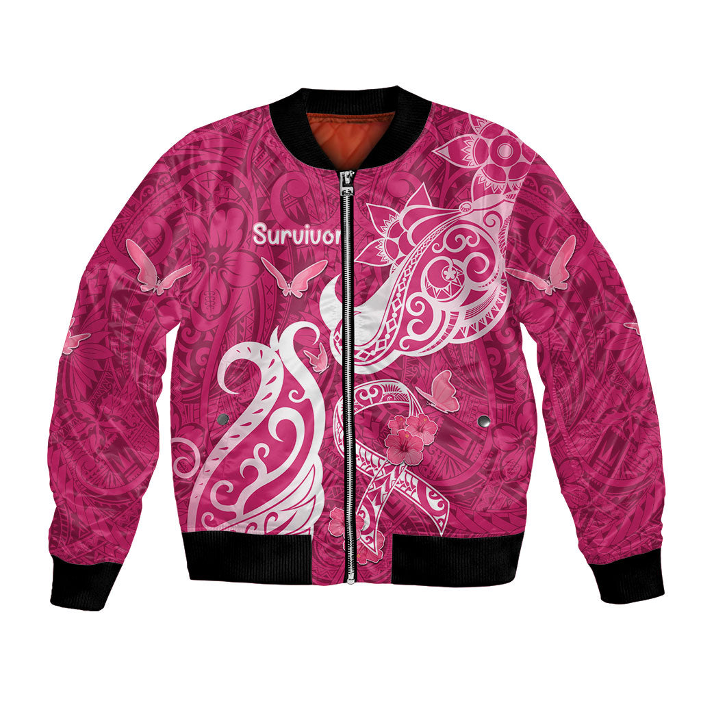 Personalized Breast Cancer Bomber Jacket Ribbon Polynesian Pattern Pink Version