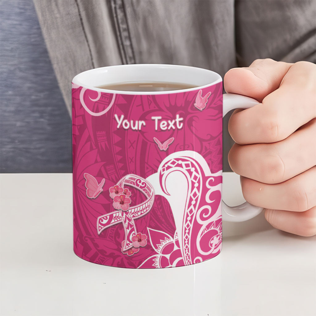 Personalized Breast Cancer Ceramic Mug Ribbon Polynesian Pattern Pink Version