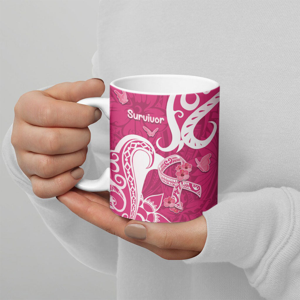 Personalized Breast Cancer Ceramic Mug Ribbon Polynesian Pattern Pink Version
