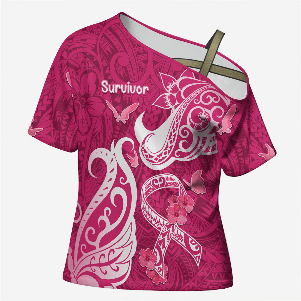 Personalized Breast Cancer Cross Shoulder Shirt Ribbon Polynesian Pattern Pink Version