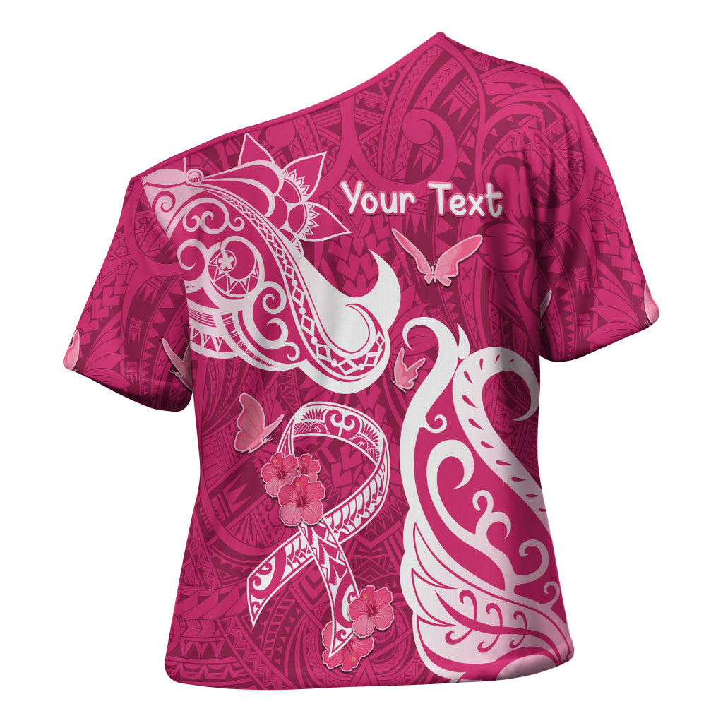 Personalized Breast Cancer Cross Shoulder Shirt Ribbon Polynesian Pattern Pink Version