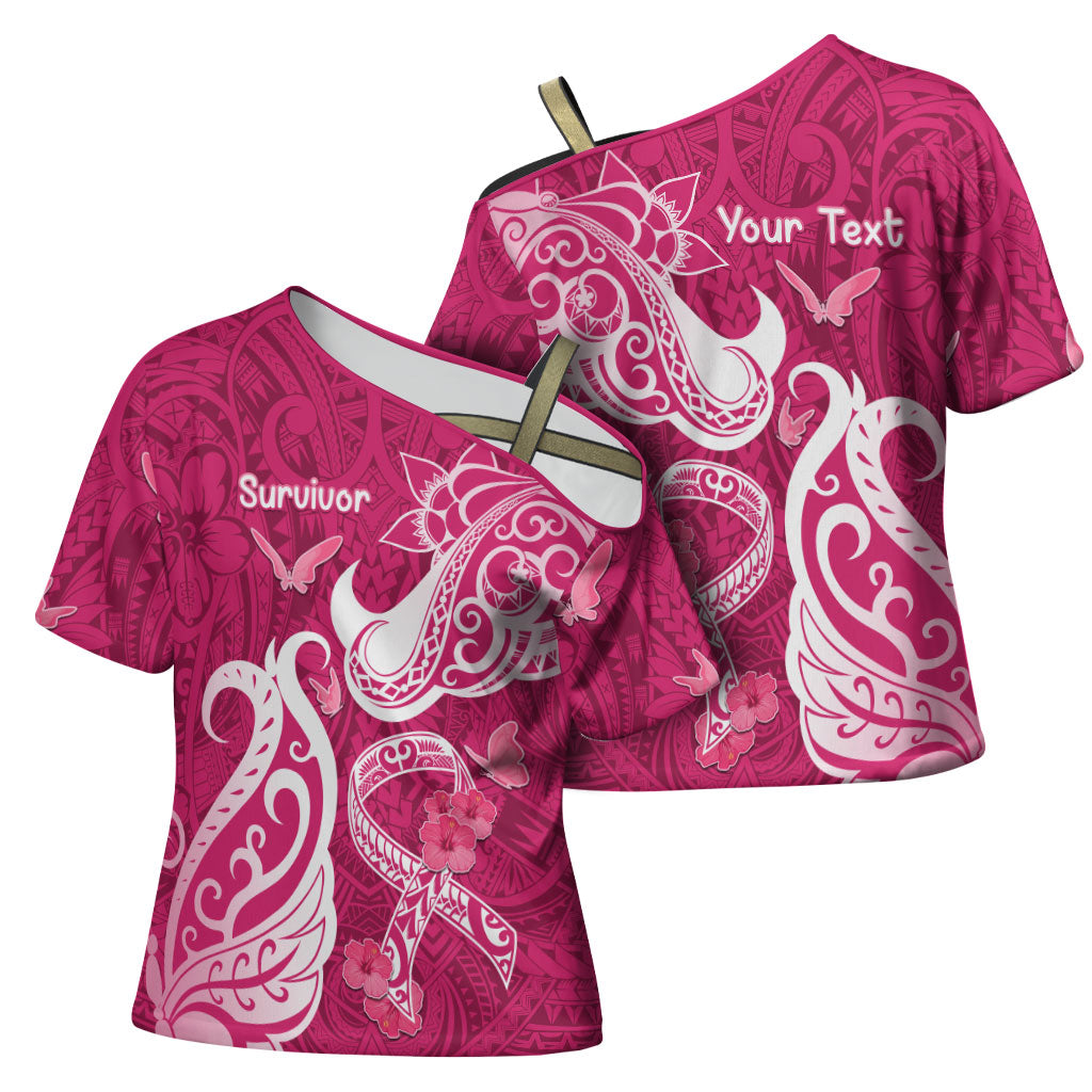 Personalized Breast Cancer Cross Shoulder Shirt Ribbon Polynesian Pattern Pink Version