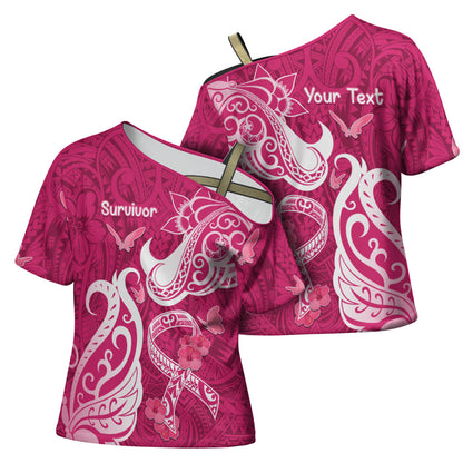 Personalized Breast Cancer Cross Shoulder Shirt Ribbon Polynesian Pattern Pink Version