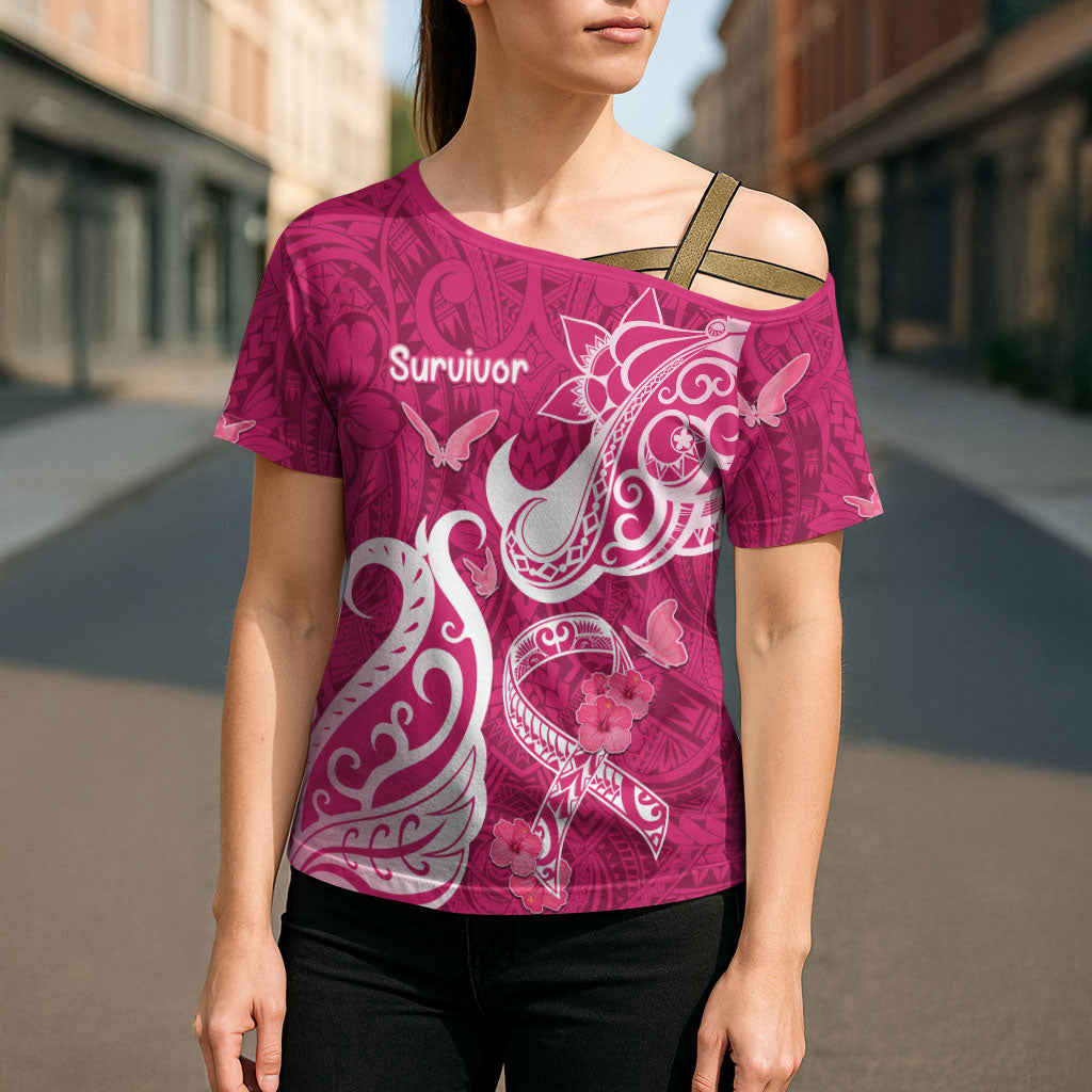 Personalized Breast Cancer Cross Shoulder Shirt Ribbon Polynesian Pattern Pink Version
