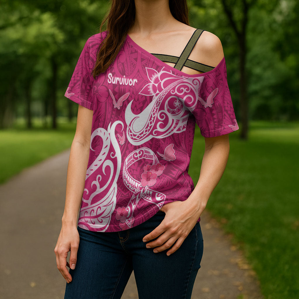 Personalized Breast Cancer Cross Shoulder Shirt Ribbon Polynesian Pattern Pink Version