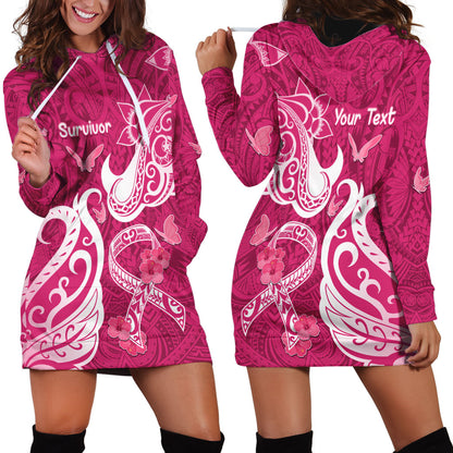 Personalized Breast Cancer Hoodie Dress Ribbon Polynesian Pattern Pink Version