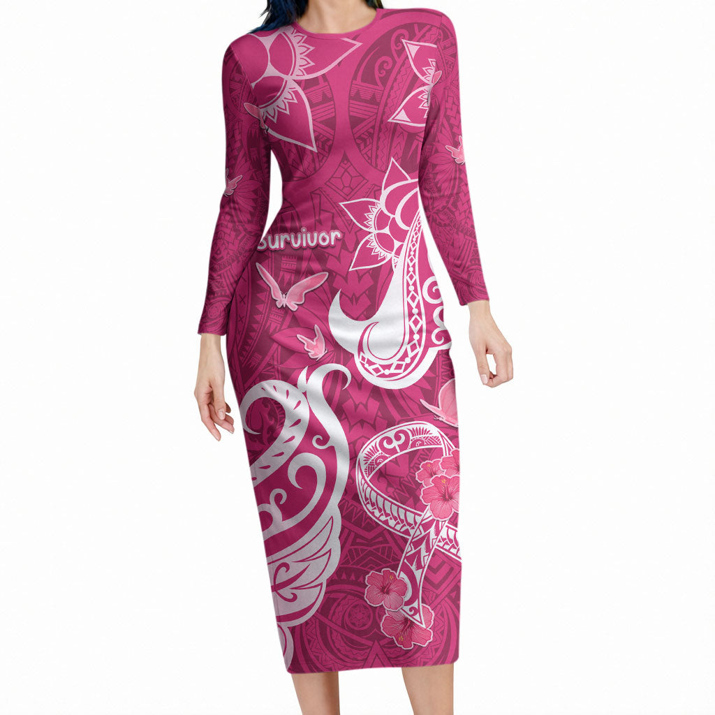 Personalized Breast Cancer Long Sleeve Bodycon Dress Ribbon Polynesian Pattern Pink Version