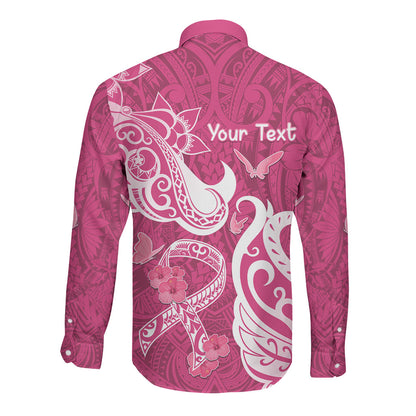 Personalized Breast Cancer Long Sleeve Button Shirt Ribbon Polynesian Pattern Pink Version