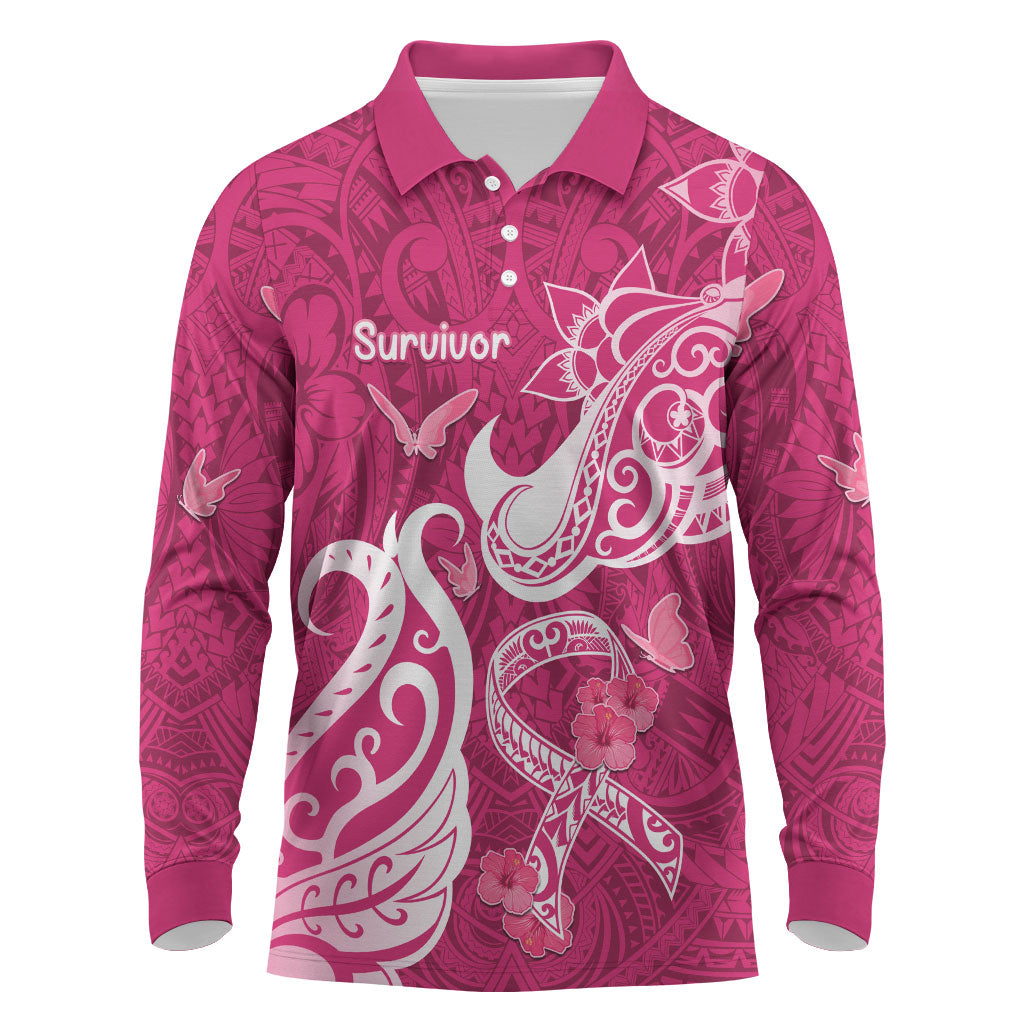 Personalized Breast Cancer Long Sleeve Polo Shirt Ribbon Polynesian Pattern Pink Version