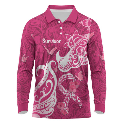 Personalized Breast Cancer Long Sleeve Polo Shirt Ribbon Polynesian Pattern Pink Version
