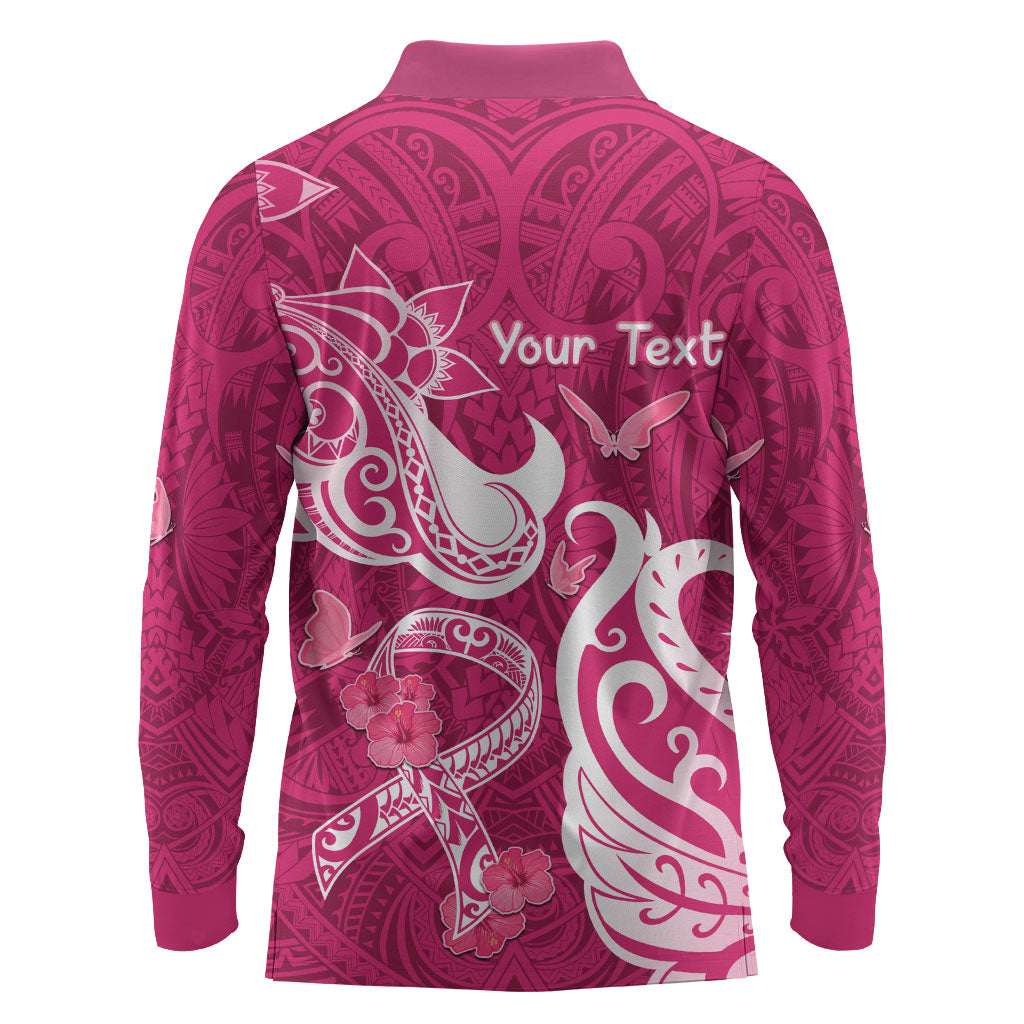 Personalized Breast Cancer Long Sleeve Polo Shirt Ribbon Polynesian Pattern Pink Version