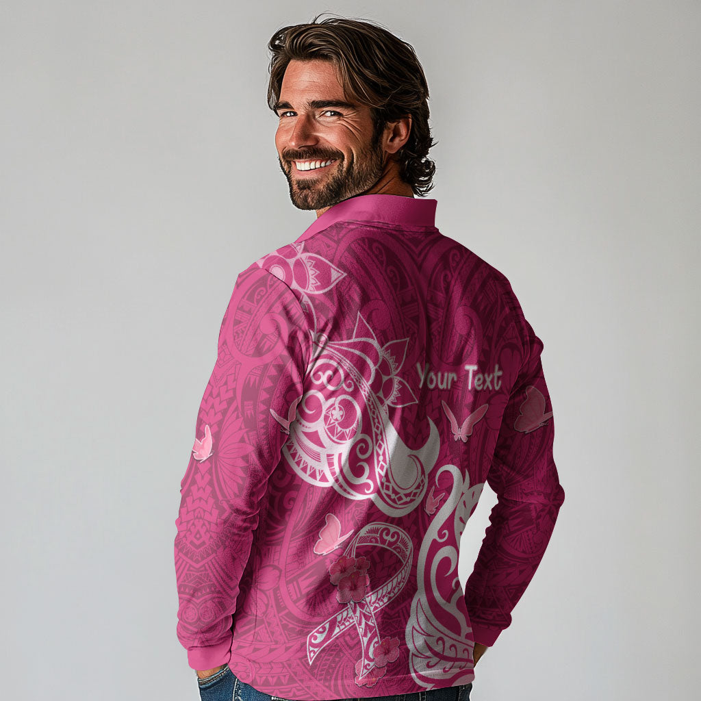 Personalized Breast Cancer Long Sleeve Polo Shirt Ribbon Polynesian Pattern Pink Version