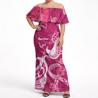 Personalized Breast Cancer Off Shoulder Maxi Dress Ribbon Polynesian Pattern Pink Version