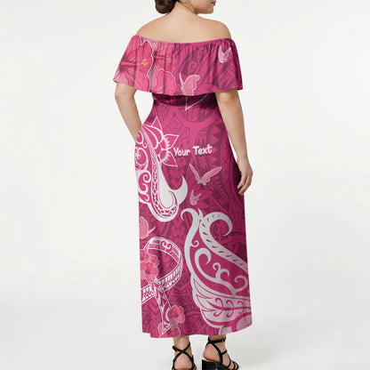 Personalized Breast Cancer Off Shoulder Maxi Dress Ribbon Polynesian Pattern Pink Version