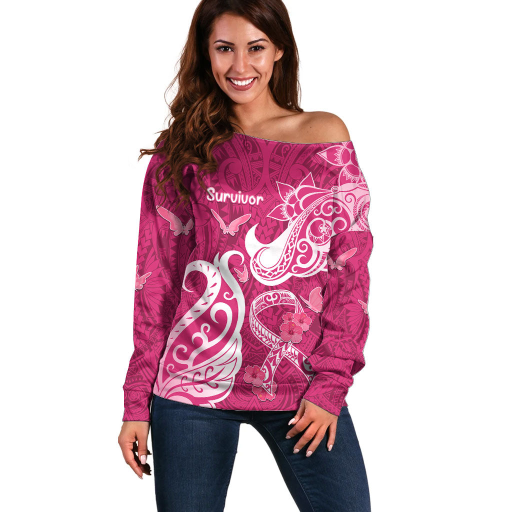 Personalized Breast Cancer Off Shoulder Sweater Ribbon Polynesian Pattern Pink Version