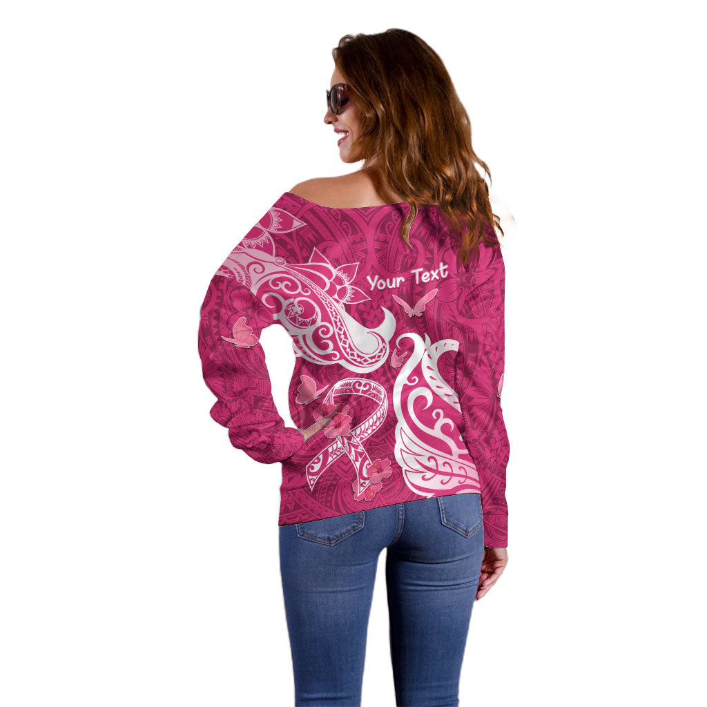 Personalized Breast Cancer Off Shoulder Sweater Ribbon Polynesian Pattern Pink Version