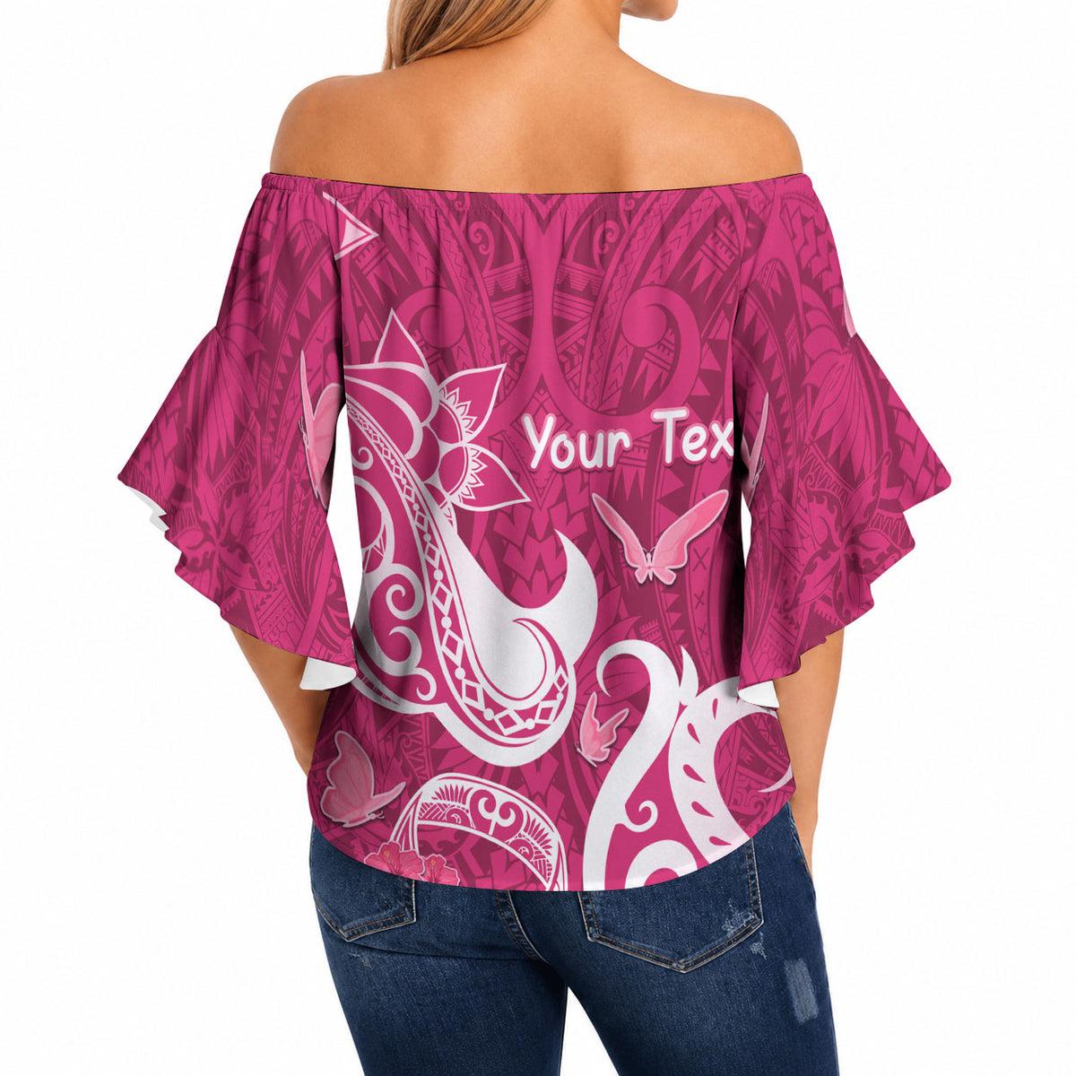 Personalized Breast Cancer Off Shoulder Wrap Waist Top Ribbon Polynesian Pattern Pink Version
