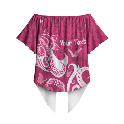Personalized Breast Cancer Off Shoulder Wrap Waist Top Ribbon Polynesian Pattern Pink Version