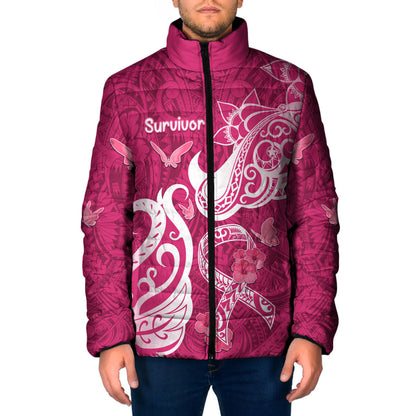 Personalized Breast Cancer Padded Jacket Ribbon Polynesian Pattern Pink Version
