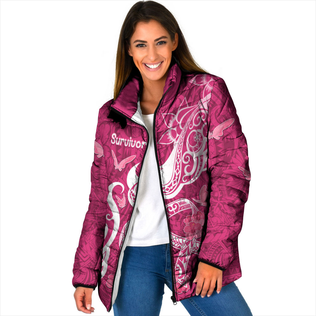 Personalized Breast Cancer Padded Jacket Ribbon Polynesian Pattern Pink Version