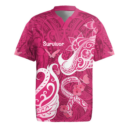 Personalized Breast Cancer Rugby Jersey Ribbon Polynesian Pattern Pink Version