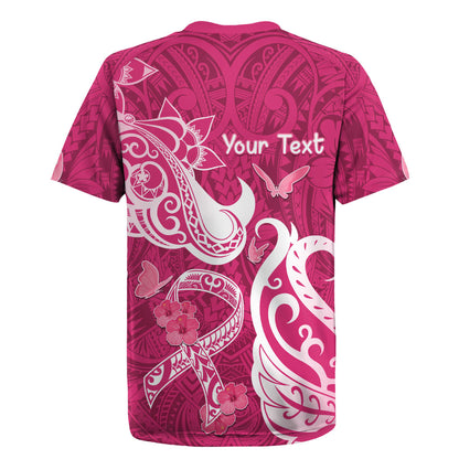 Personalized Breast Cancer Rugby Jersey Ribbon Polynesian Pattern Pink Version