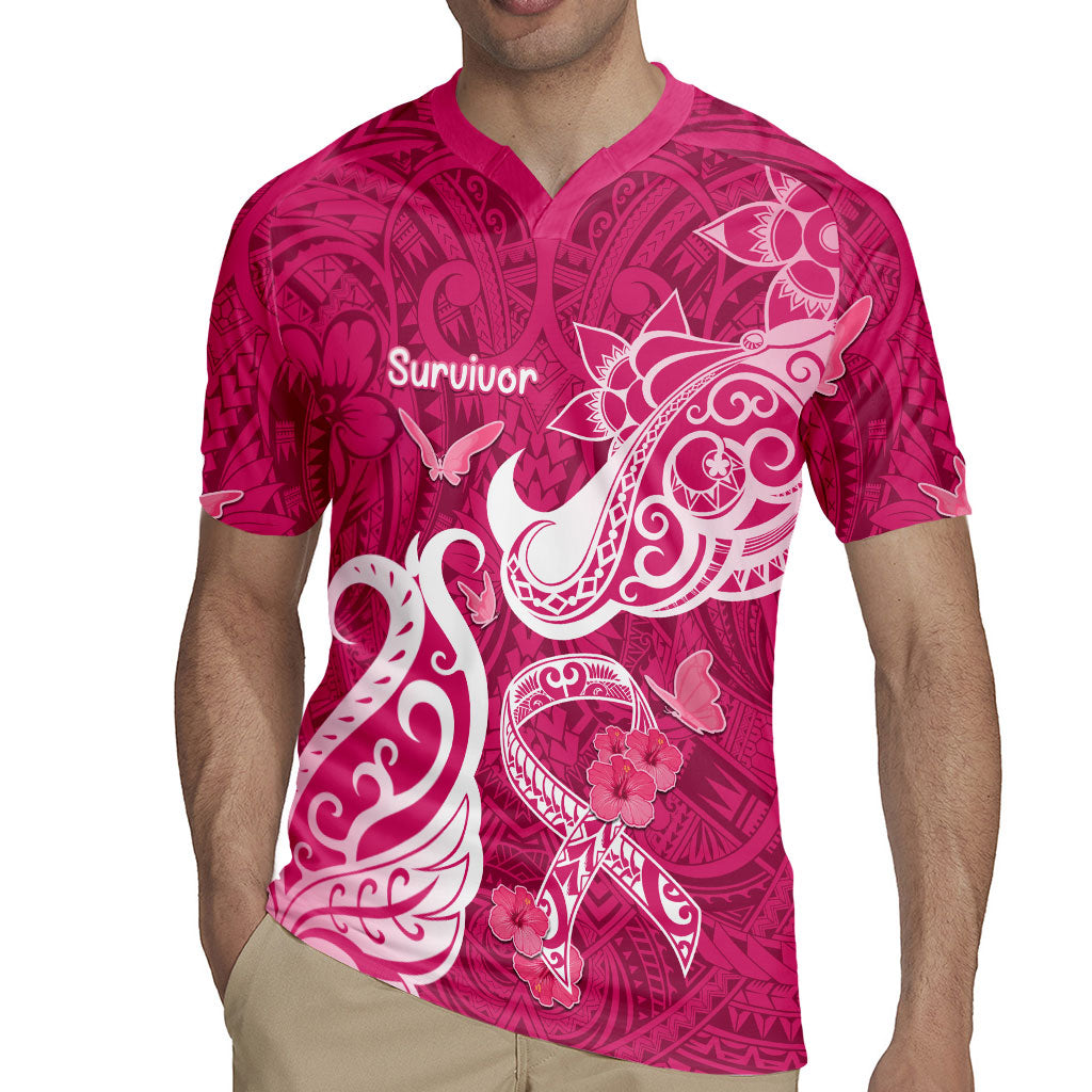 Personalized Breast Cancer Rugby Jersey Ribbon Polynesian Pattern Pink Version