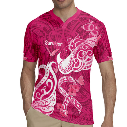 Personalized Breast Cancer Rugby Jersey Ribbon Polynesian Pattern Pink Version