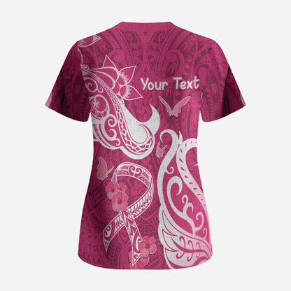 Personalized Breast Cancer Scrub Top Ribbon Polynesian Pattern Pink Version