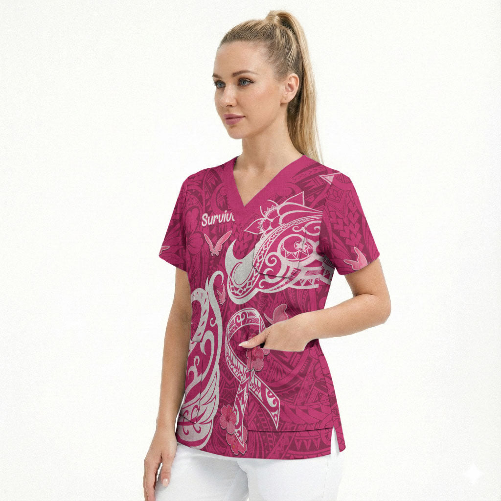 Personalized Breast Cancer Scrub Top Ribbon Polynesian Pattern Pink Version