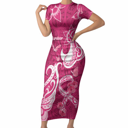 Personalized Breast Cancer Short Sleeve Bodycon Dress Ribbon Polynesian Pattern Pink Version