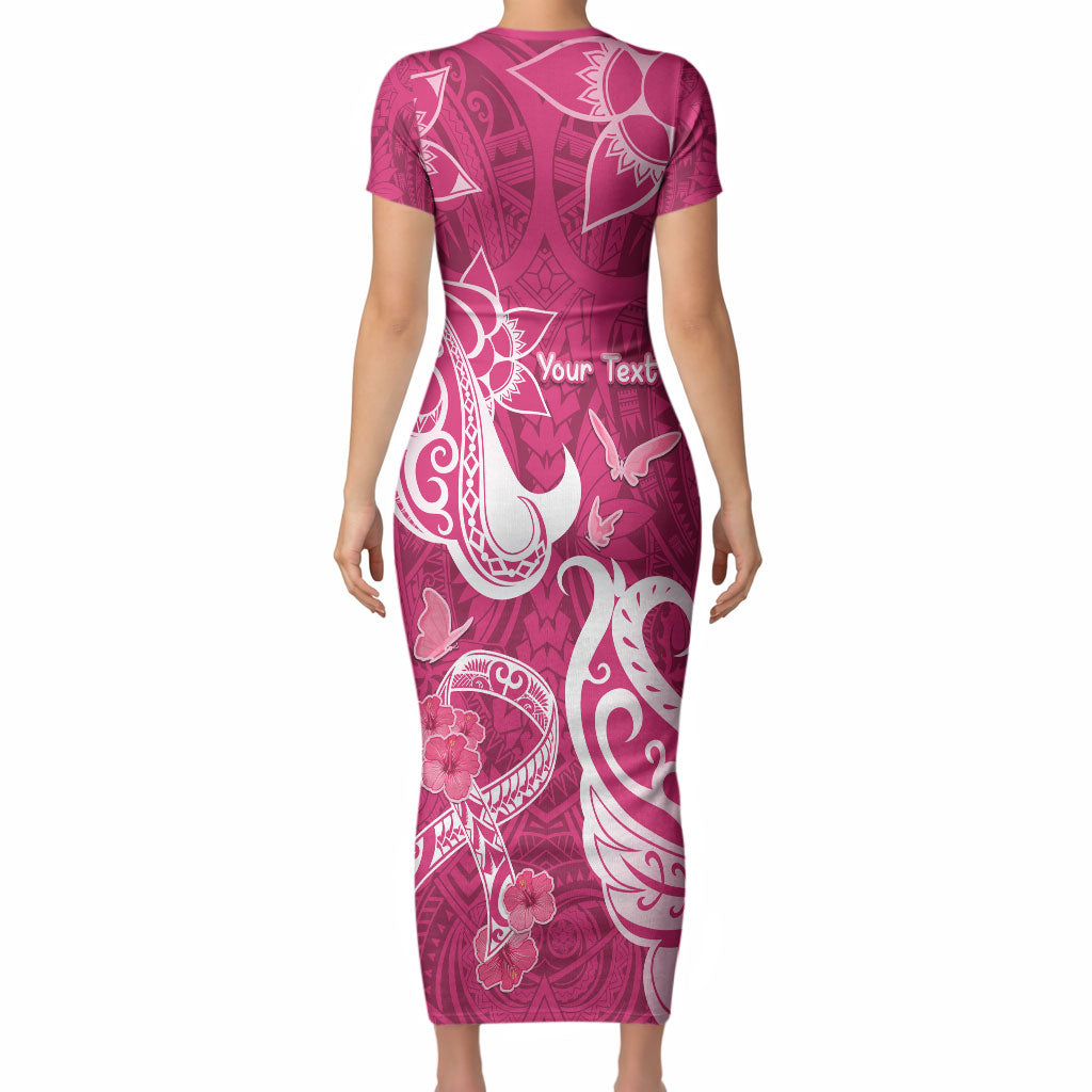 Personalized Breast Cancer Short Sleeve Bodycon Dress Ribbon Polynesian Pattern Pink Version