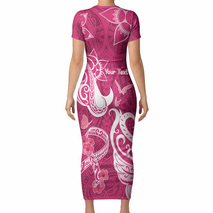 Personalized Breast Cancer Short Sleeve Bodycon Dress Ribbon Polynesian Pattern Pink Version