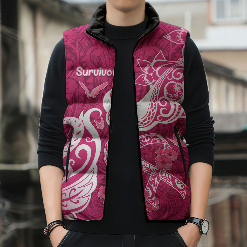 Personalized Breast Cancer Sleeveless Puffer Jacket Ribbon Polynesian Pattern Pink Version