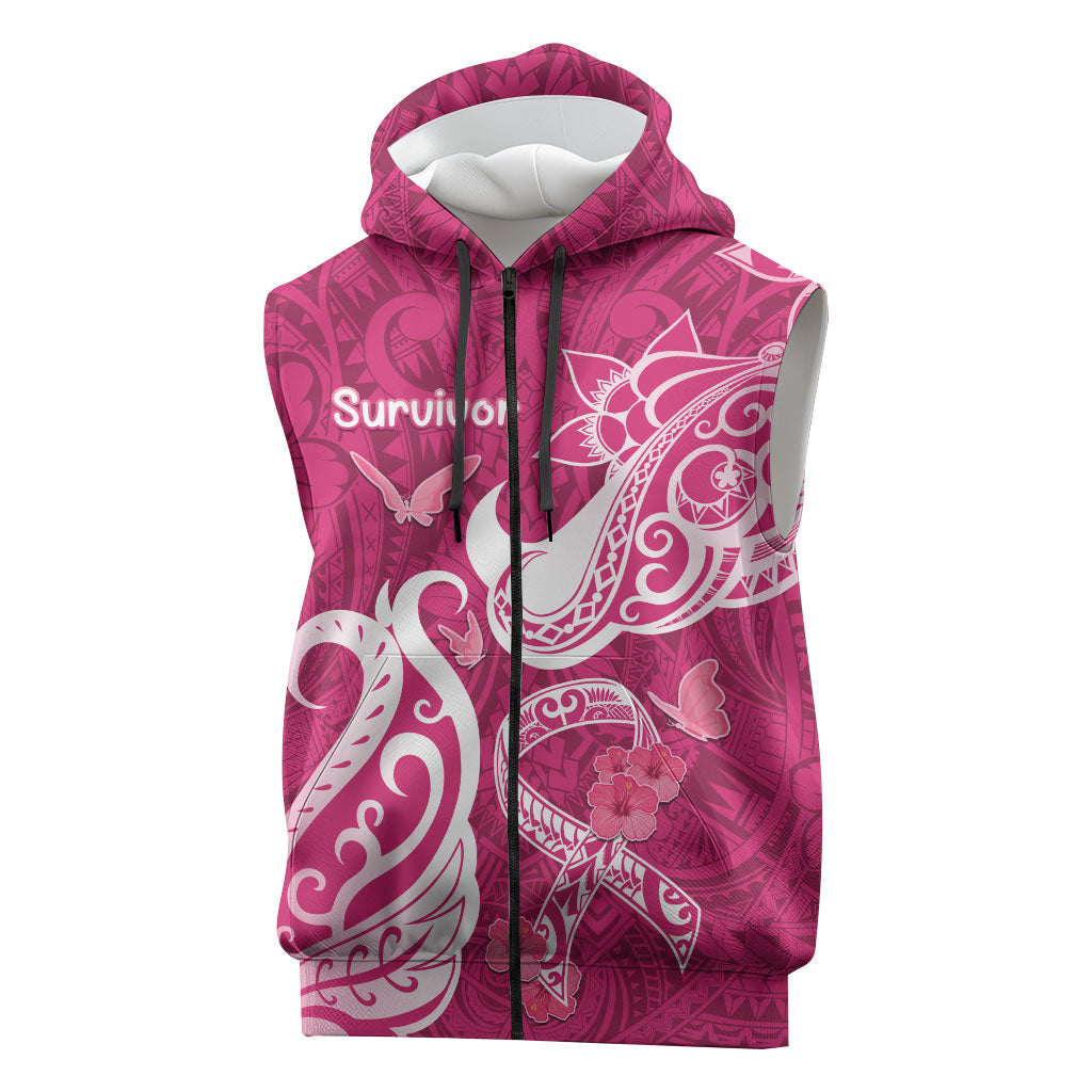 Personalized Breast Cancer Sleeveless Zip Hoodie Ribbon Polynesian Pattern Pink Version